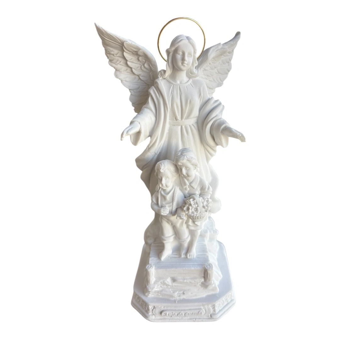 Anjo da Guarda - Pó de Mármore - 19cm - com resplendor banhado a ouro