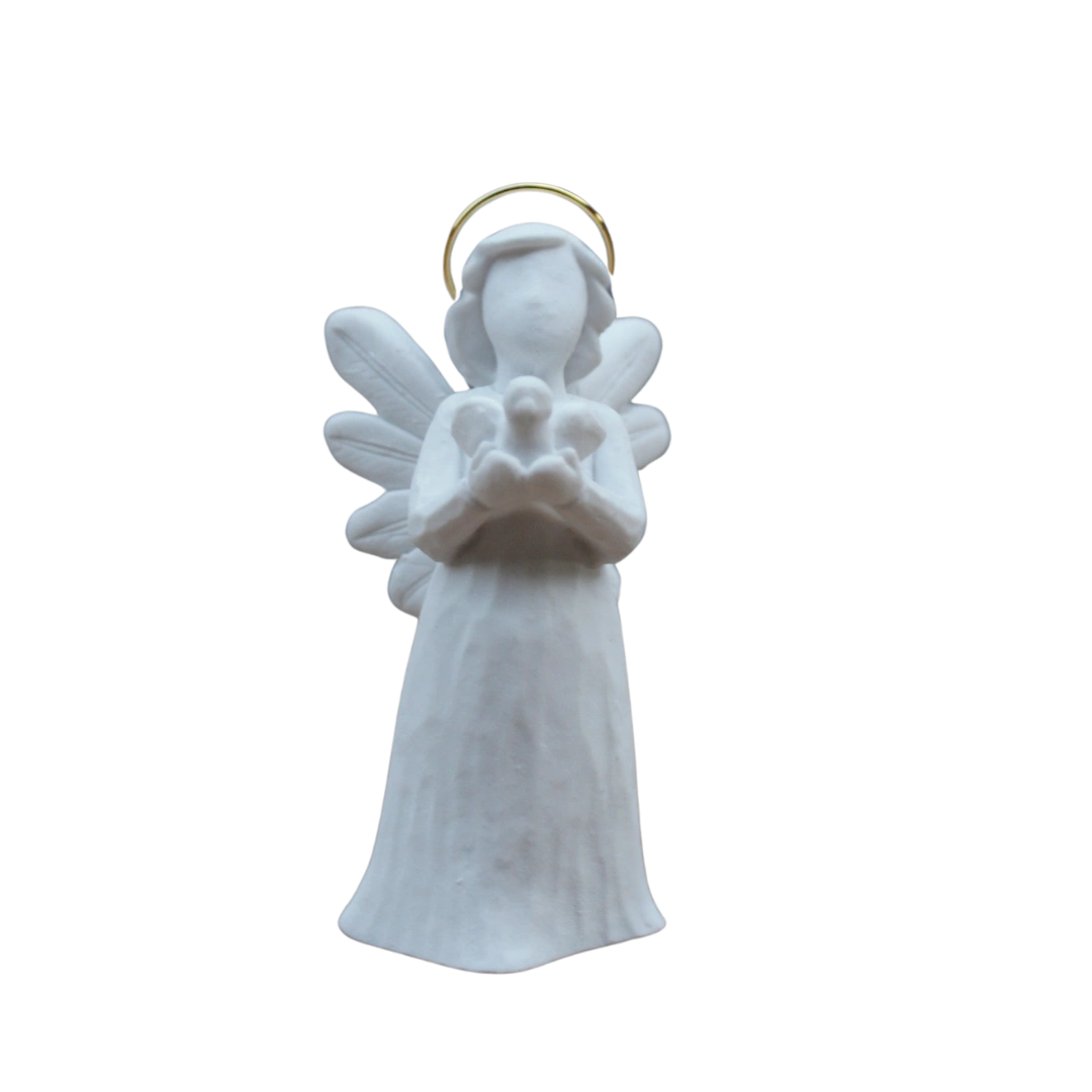 Anjo da Paz Facetado - Pó de Mármore - 9cm - com resplendor banhado a ouro