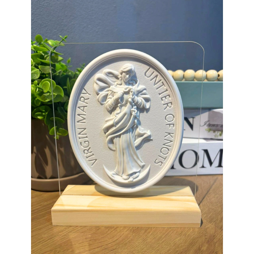 Acrilico com Medalha Desatadora dos Nós - Pó de Mármore - 18x15cm